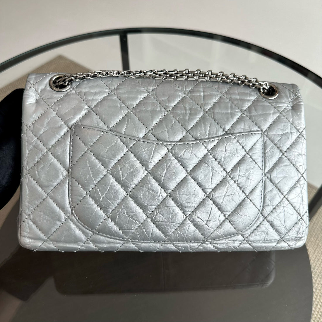 2.55 266 Medium 28CM Reissue Double Flap Quilted Aged Calfskin Silver RSHW No 15