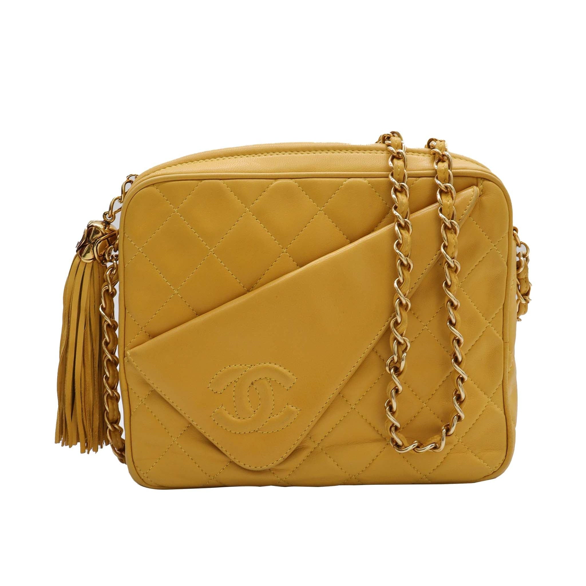 CHANEL Fringe Chain Shoulder Bag Yellow Lambskin Leather DXBS0947