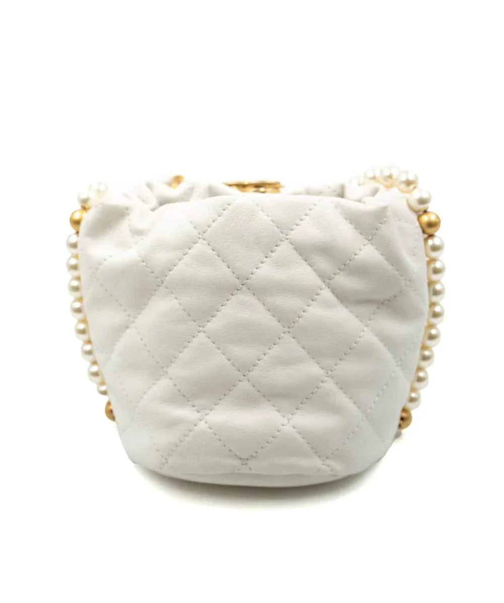 Chanel Light White Calfskin Quilted Pearl Mini About Pearls Drawstring Bucket Bag - DXBS1466