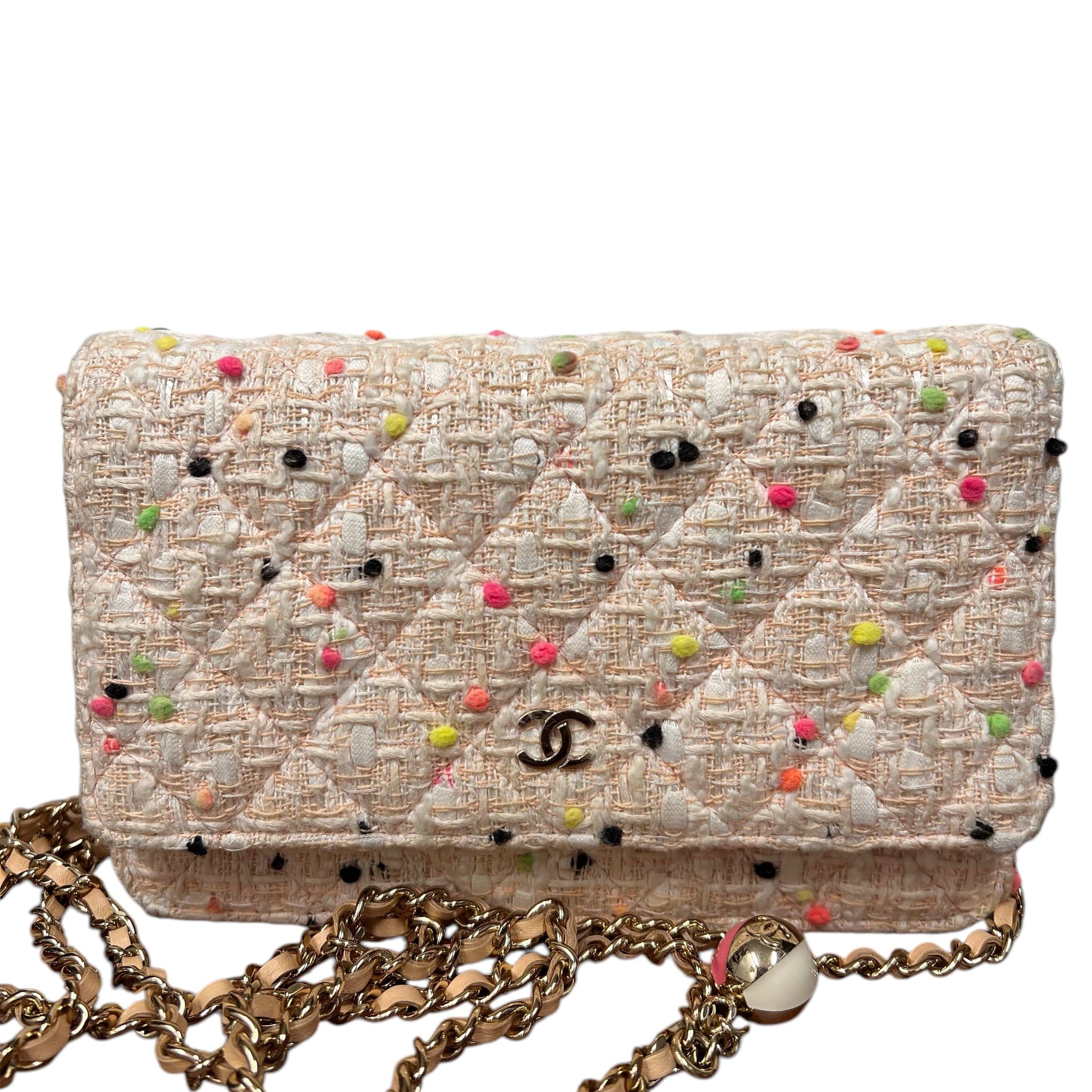 CHANEL Matelasse Chain Wallet Tweed White/Pink GHW B1011QHCKK