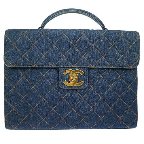 Chanel Vintage Briefcase Tote XL CC Blue Denim GHW #4 SKC1800