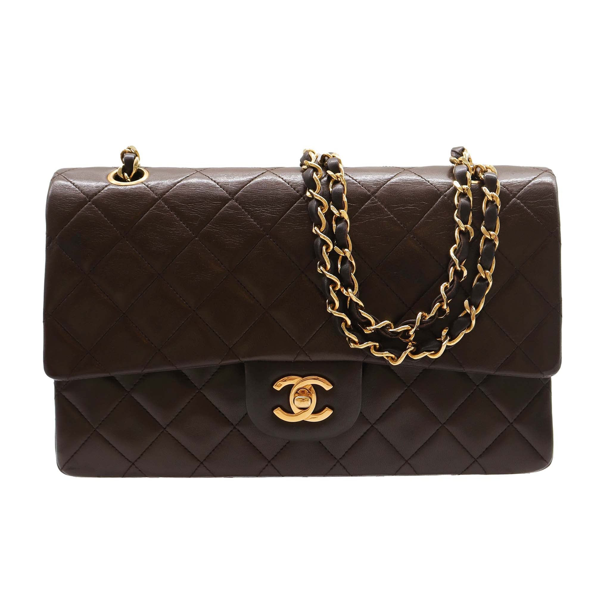 CHANEL VINTAGE CLASSIC FLAP MEDIUM CHAIN SHOULDER BAG BROWN LAMB SKIN DXBS2271