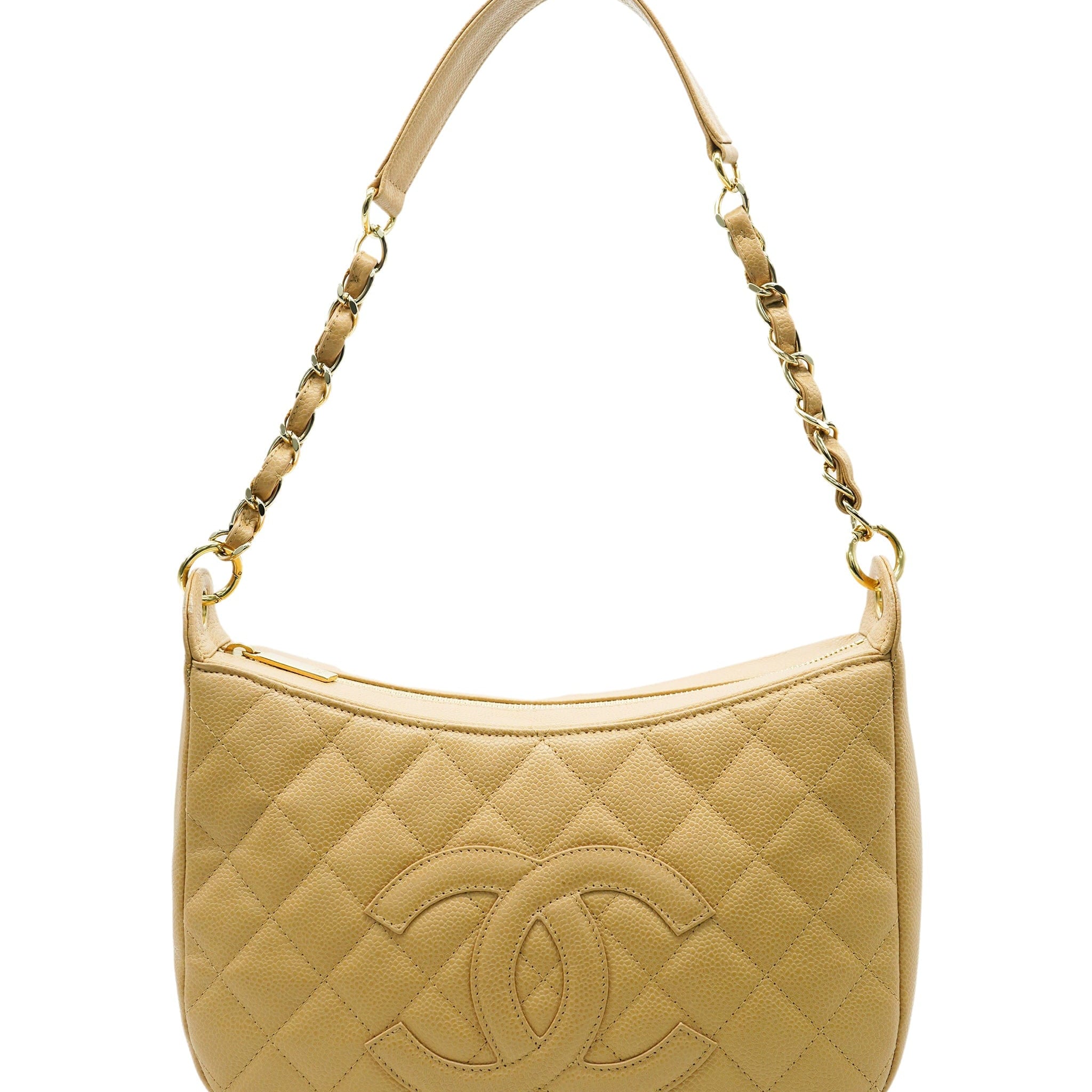 CHANEL VINTAGE HALF MOON ONE SHOULDER BAG BEIGE CAVIAR SKIN DBXS2164