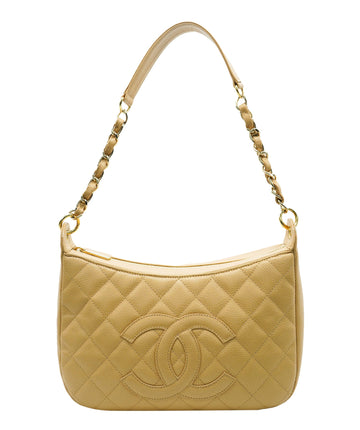CHANEL VINTAGE HALF MOON ONE SHOULDER BAG BEIGE CAVIAR SKIN DBXS2164