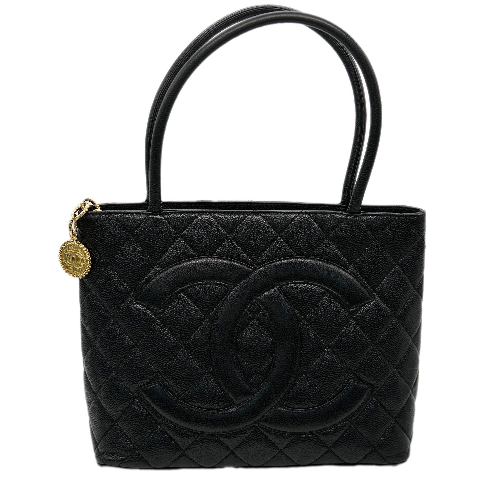 CHANEL VINTAGE MEDALLION TOTE BAG BLACK CAVIAR SKIN DBXS2150