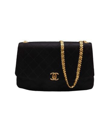 CHANEL VINTAGE METAL CHAIN SHOULDER BAG BLACK SATIN 90231954 90231954
