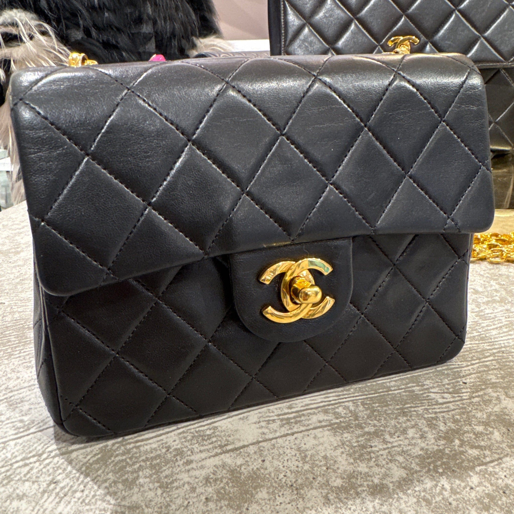 CHANEL VINTAGE MINI SQUARE 17 CHAIN SHOULDER BAG BLACK LAMB SKIN DBXS2153