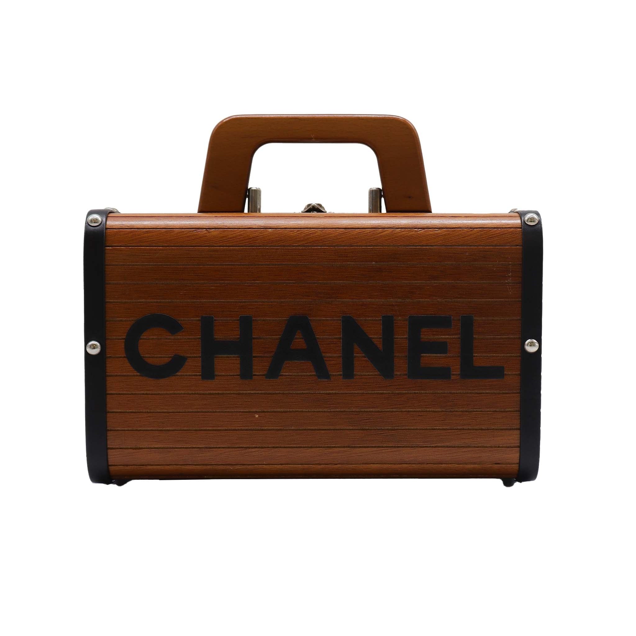 CHANEL VINTAGE WOOD VANITY HAND BAG WOOD LEATHER BROWN 90233410 DXBS2286