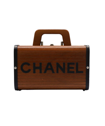 CHANEL VINTAGE WOOD VANITY HAND BAG WOOD LEATHER BROWN 90233410 DXBS2286