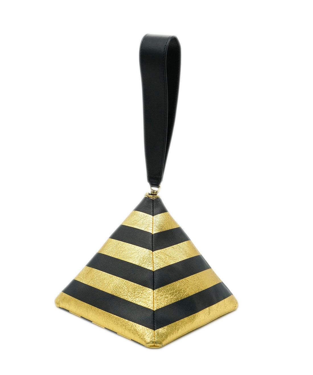 *RARE* CHANEL 2019 METIER D'ART BLACK & GOLD STRIPE LAMBSKIN LEATHER PYRAMID BAG WITH LOGO WRIST STRAP AND GOLD HARDWARE DXBS2075