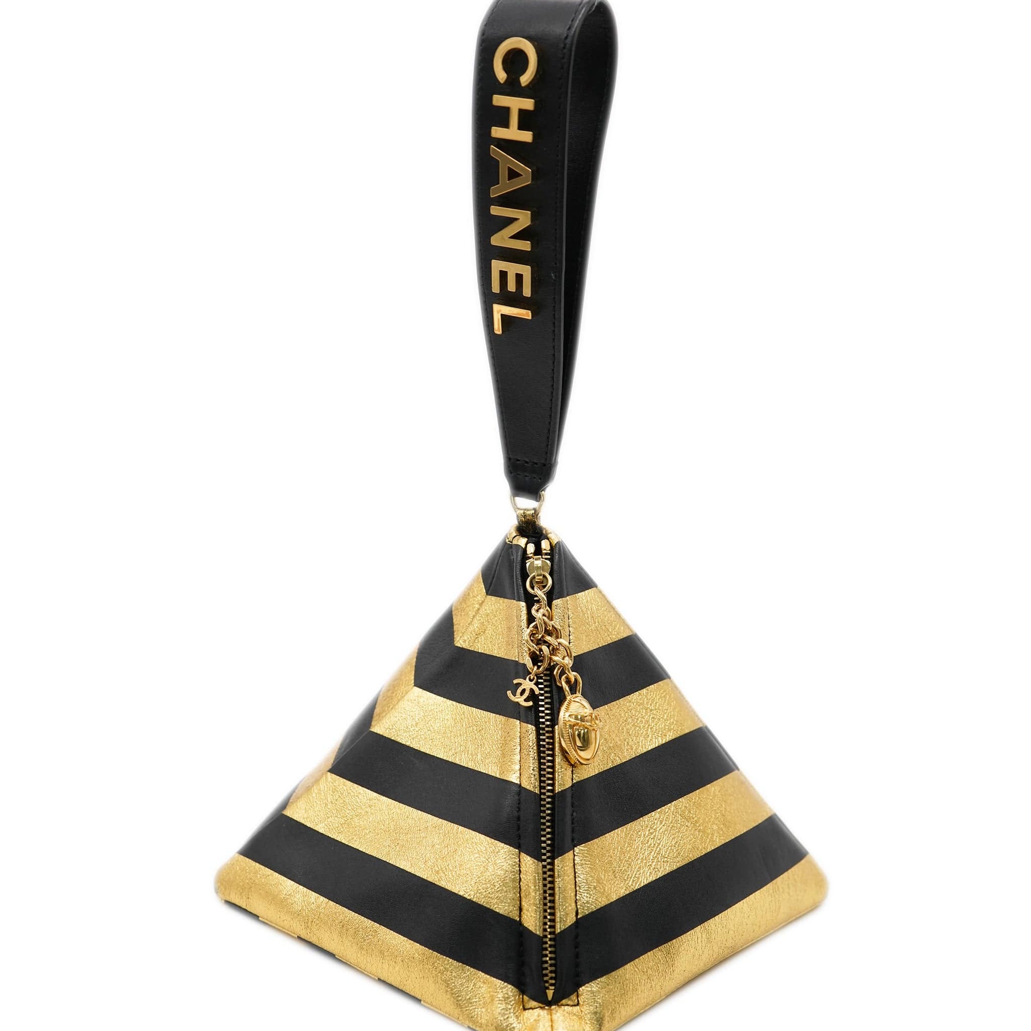 *RARE* CHANEL 2019 METIER D'ART BLACK & GOLD STRIPE LAMBSKIN LEATHER PYRAMID BAG WITH LOGO WRIST STRAP AND GOLD HARDWARE DXBS2075
