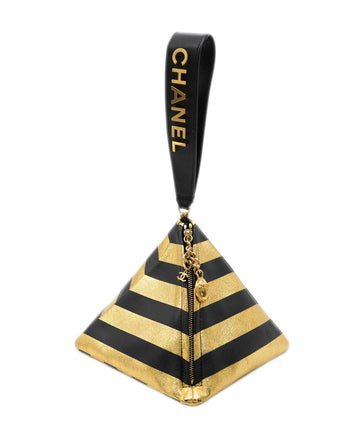 *RARE* CHANEL 2019 METIER D'ART BLACK & GOLD STRIPE LAMBSKIN LEATHER PYRAMID BAG WITH LOGO WRIST STRAP AND GOLD HARDWARE DXBS2075