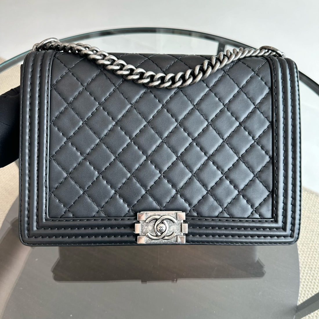 Boy Large Lambskin 30cm Quilted Leboy Black RSHW No 18