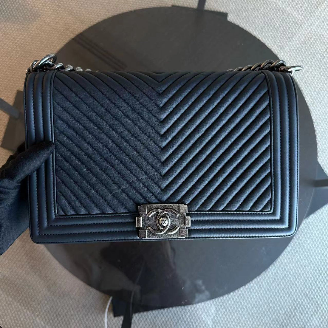 Boy New Medium 28CM Chevron Lambskin Dark Blue Leboy RSHW No 20