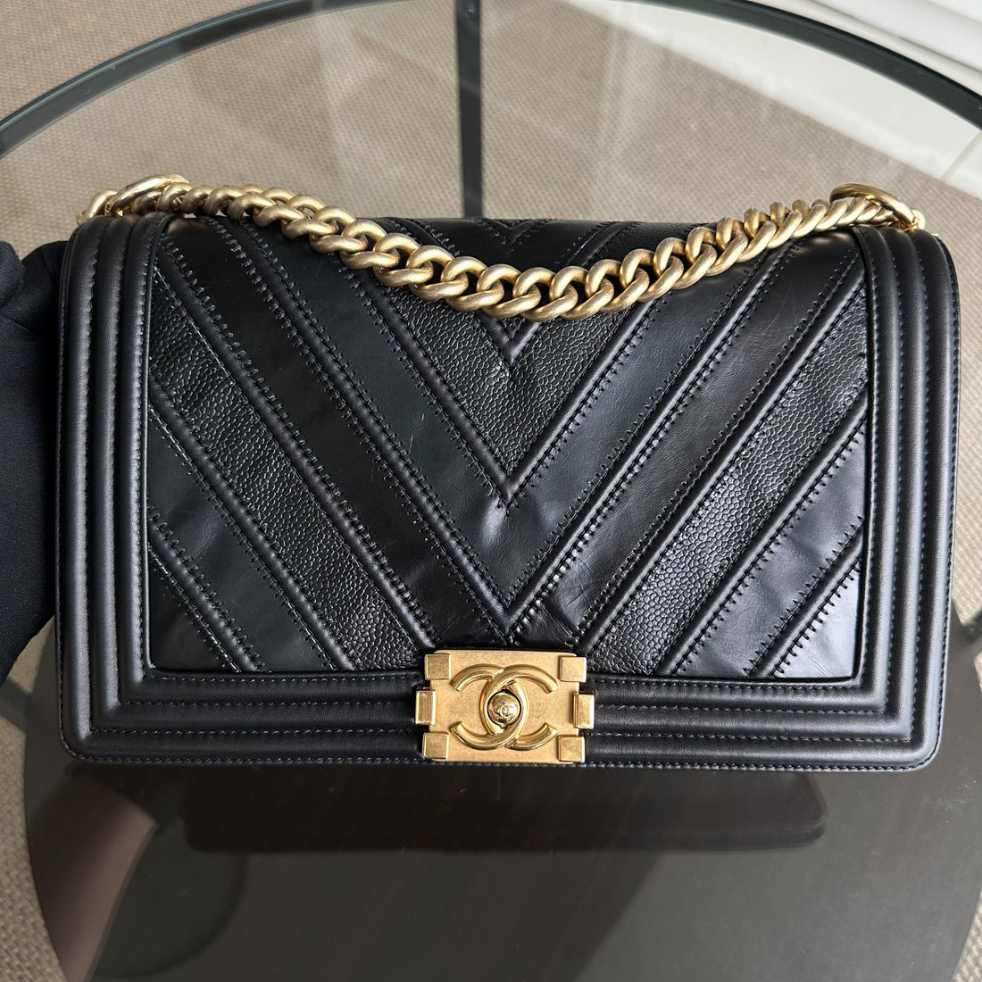 Boy New Medium 28CM Chevron Tri-skin Calfskin Black GHW No 22