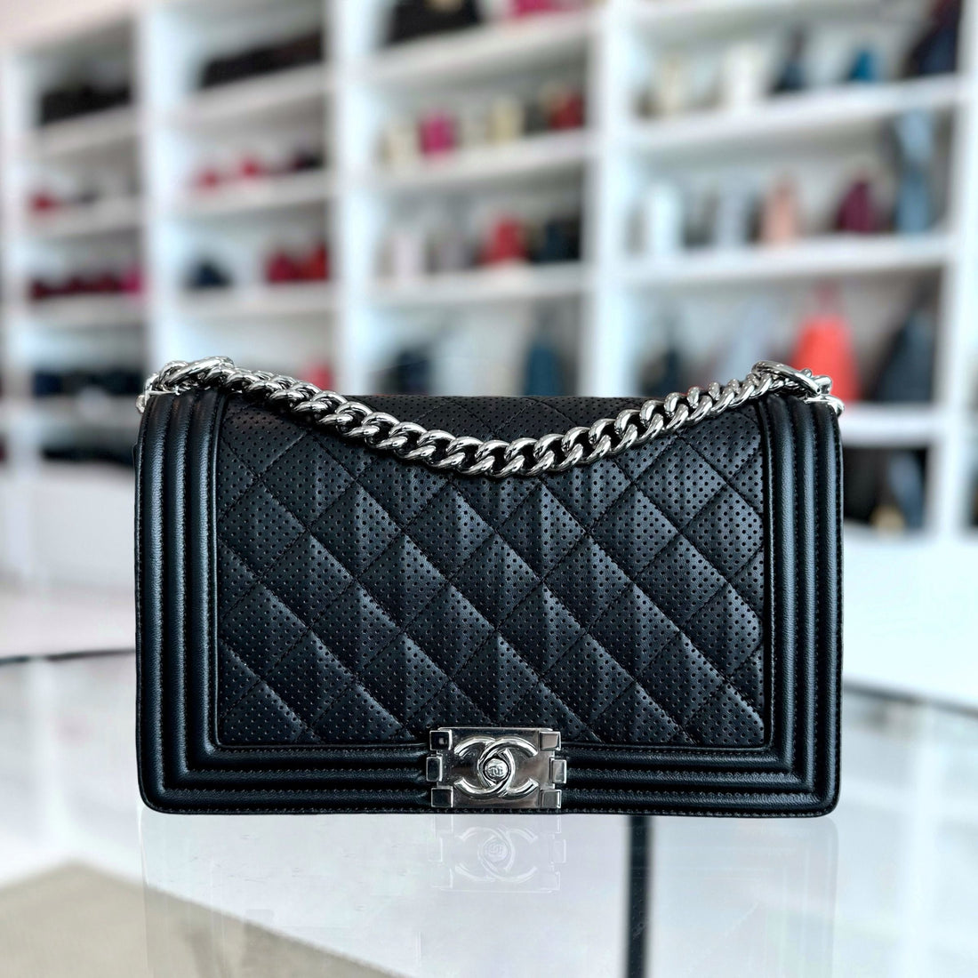Chanel Boy Medium - 28CM Perforated Quilted Lambskin Leboy Black SHW No 19