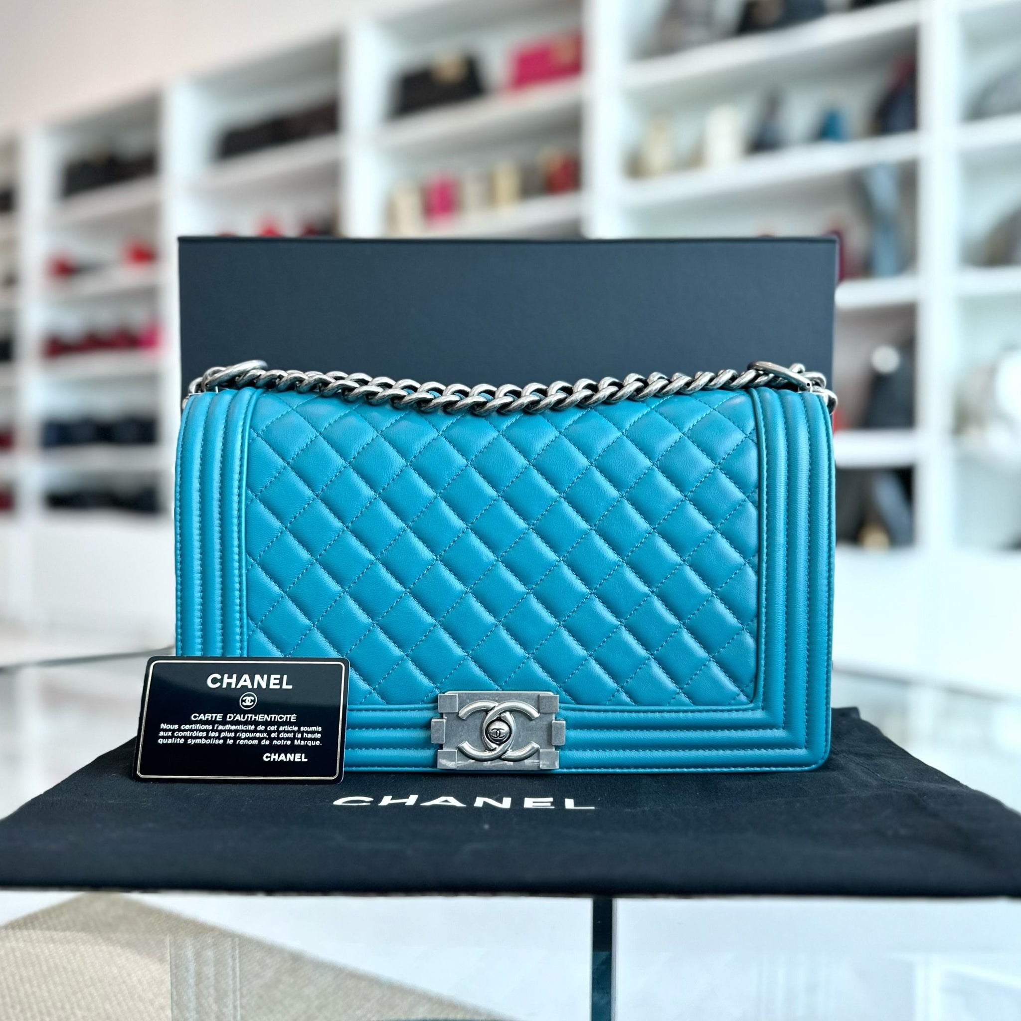 Boy New Medium 28CM Quilted Lambskin LeBoy Blue SHW No 19