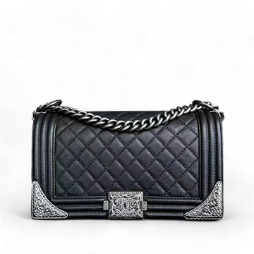 Chanel Boy Medium - 25CM Paris-Dallas Metal Edge Grained Calfskin Black Silver Hardware Series 19