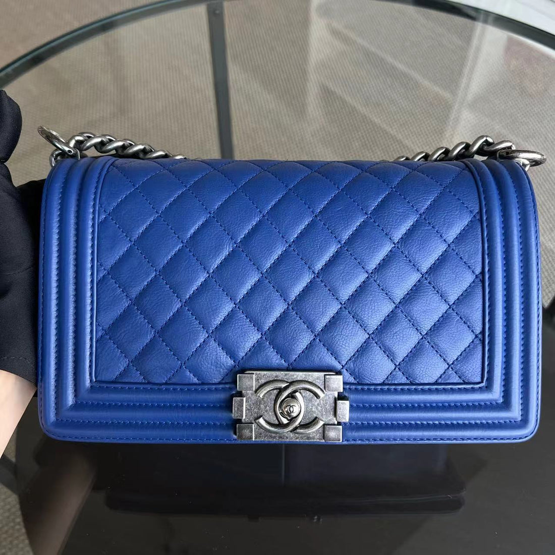 Boy Old Medium 25CM Quilted Calfskin Blue Leboy Silver Hardware Series 18