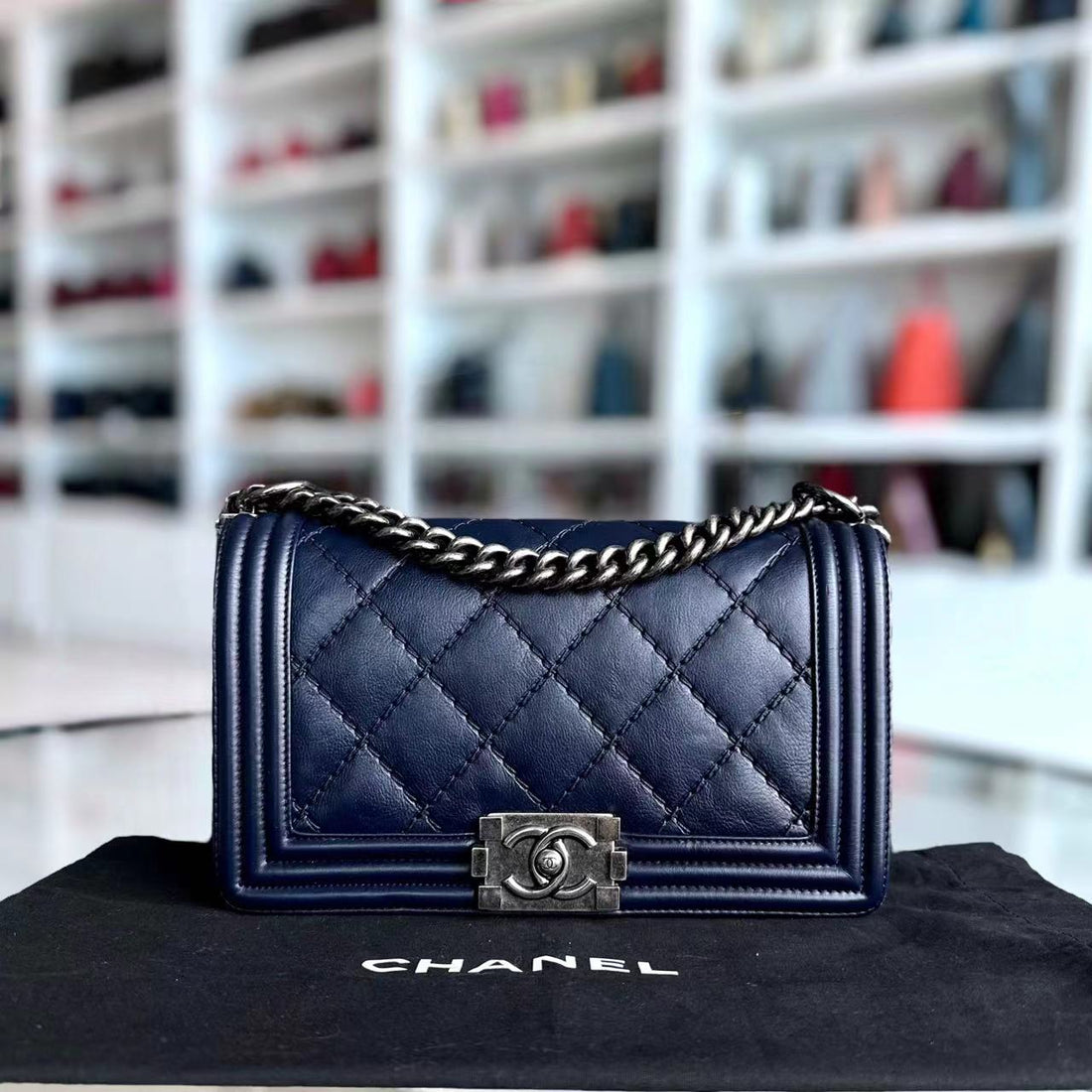 Chanel Boy Old Medium 25CM Quilted Calfskin Dark Blue RSHW No 19