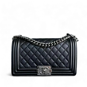 Chanel Boy Old Medium 25CM Quilted Lambskin Black Leboy Ruthenium Silver Hardware
