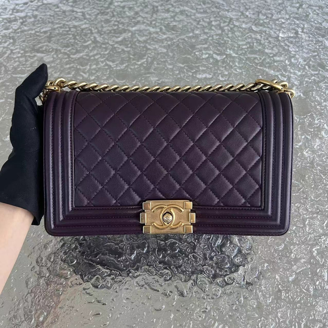 Boy Old Medium 25CM Quilted Lambskin Dark Purple Violet Leboy Golden Hardware Series 23