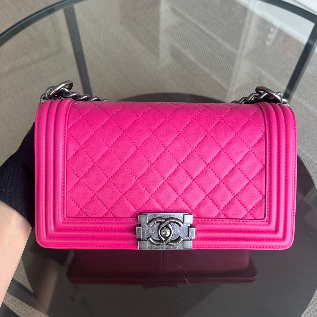 Boy OldMedium 25CM QuiltedLambskin Hot Pink Leboy Silver Hardware Series 19