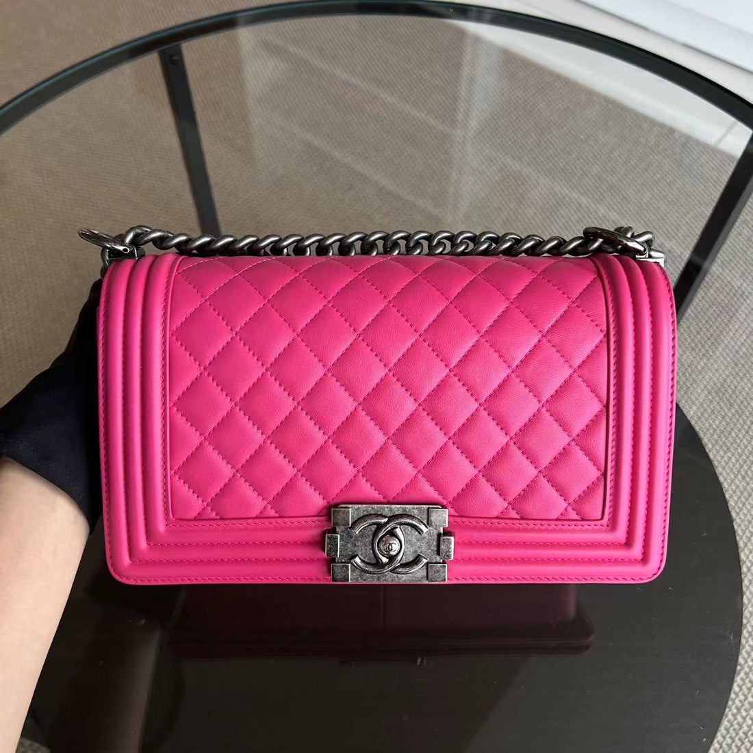 Boy Old Medium 25CM Quilted Lambskin Hot Pink Leboy Silver Hardware Series 19