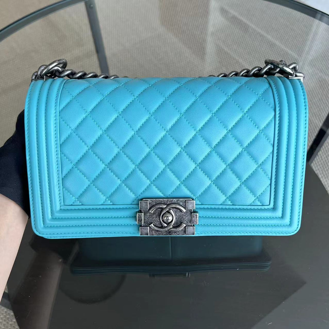 Boy Old Medium 25CM Quilted Lambskin Tiffany Blue Leboy Ruthenium Silver Hardware Series 19