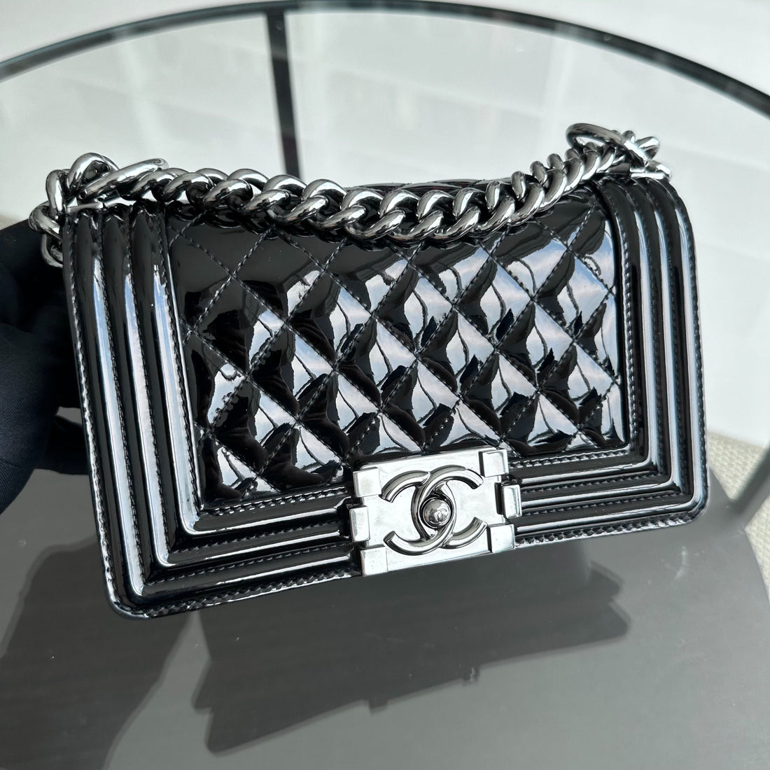 Boy Small 20CM Quilted Patent Leather Leboy Black SHW No 19