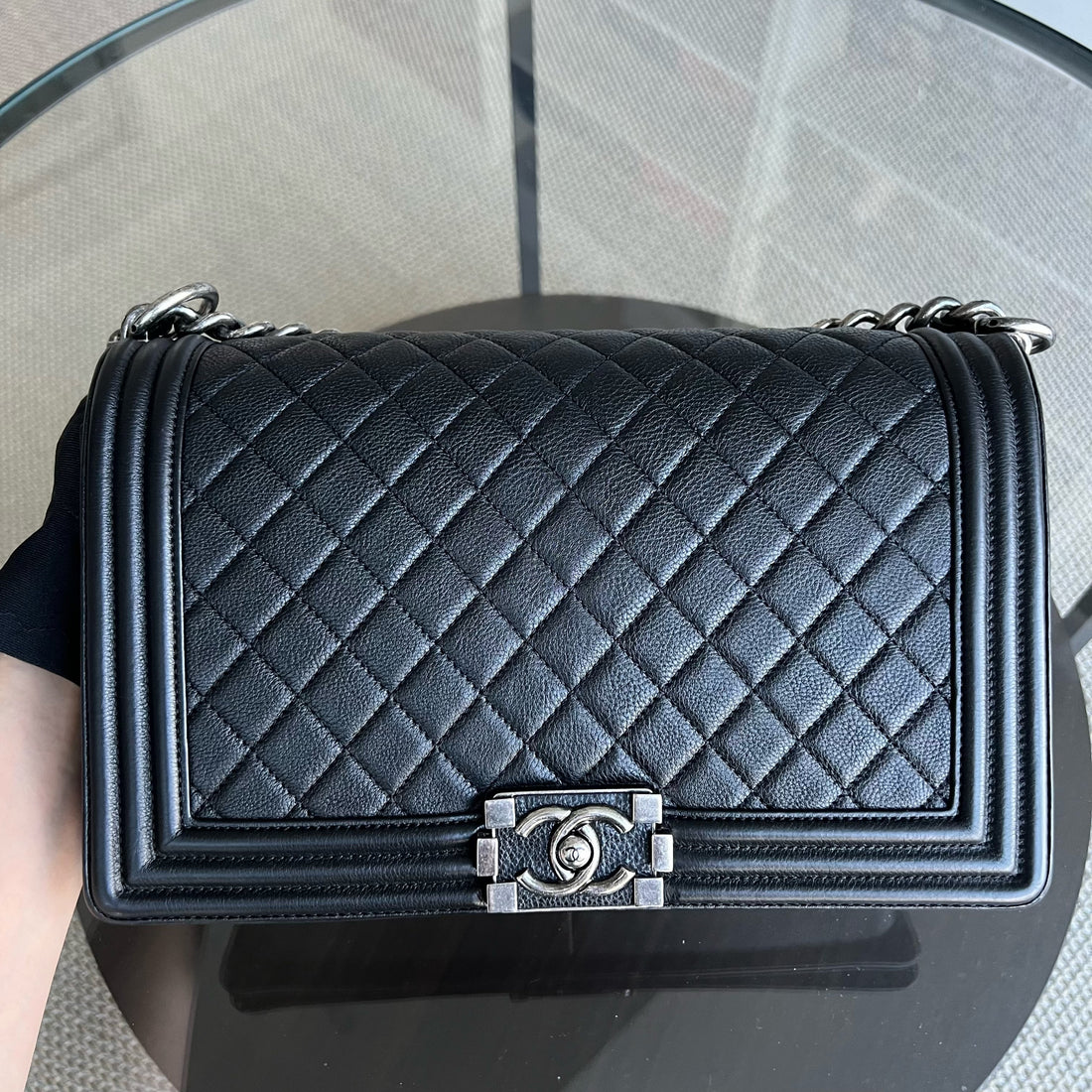 Calfskin Boy New Medium 28CM Quilted Grained Calfskin Caviar Black Ruthenium Silver Hardware Series 23