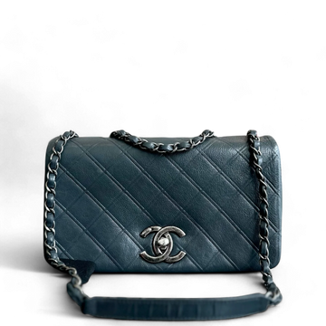 Chanel Calfskin Diamond Embossed New Chic Flap Dark Blue No 18