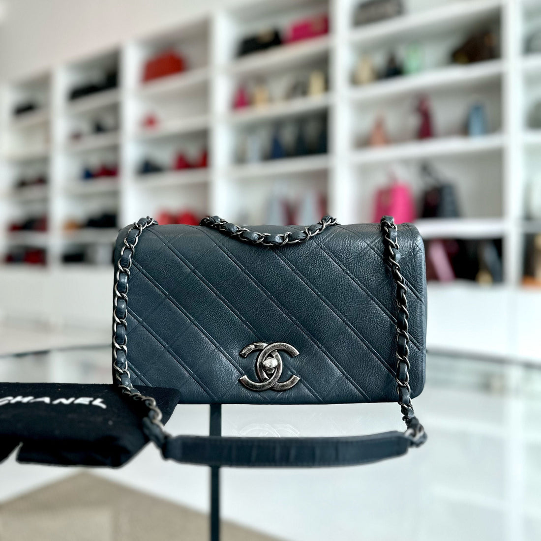 Chanel Calfskin Diamond Embossed New Chic Flap Dark Blue No 18