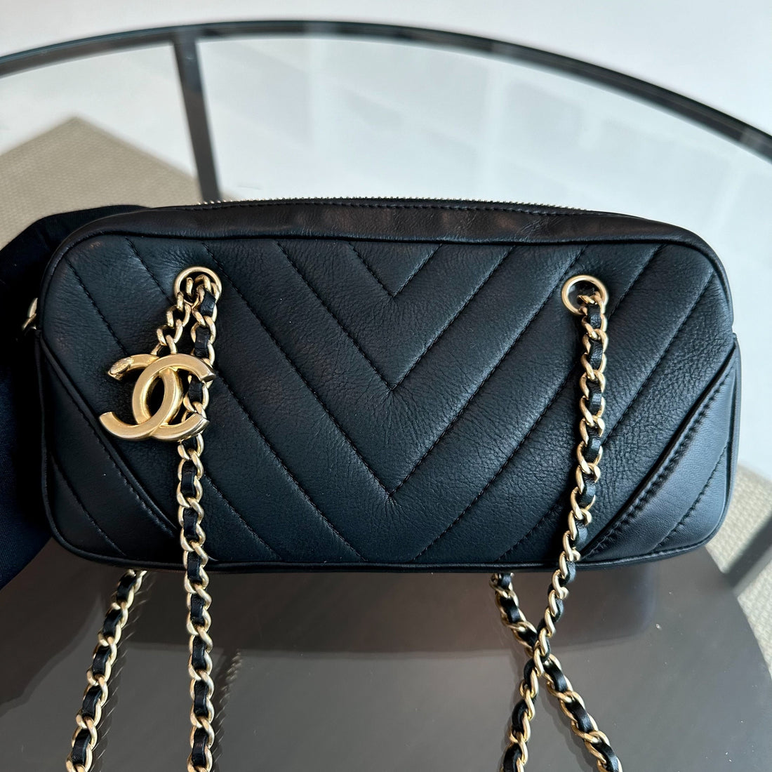Chanel Camera Bag - Chevron Calfskin Small Black Shoulder Bag Series 21