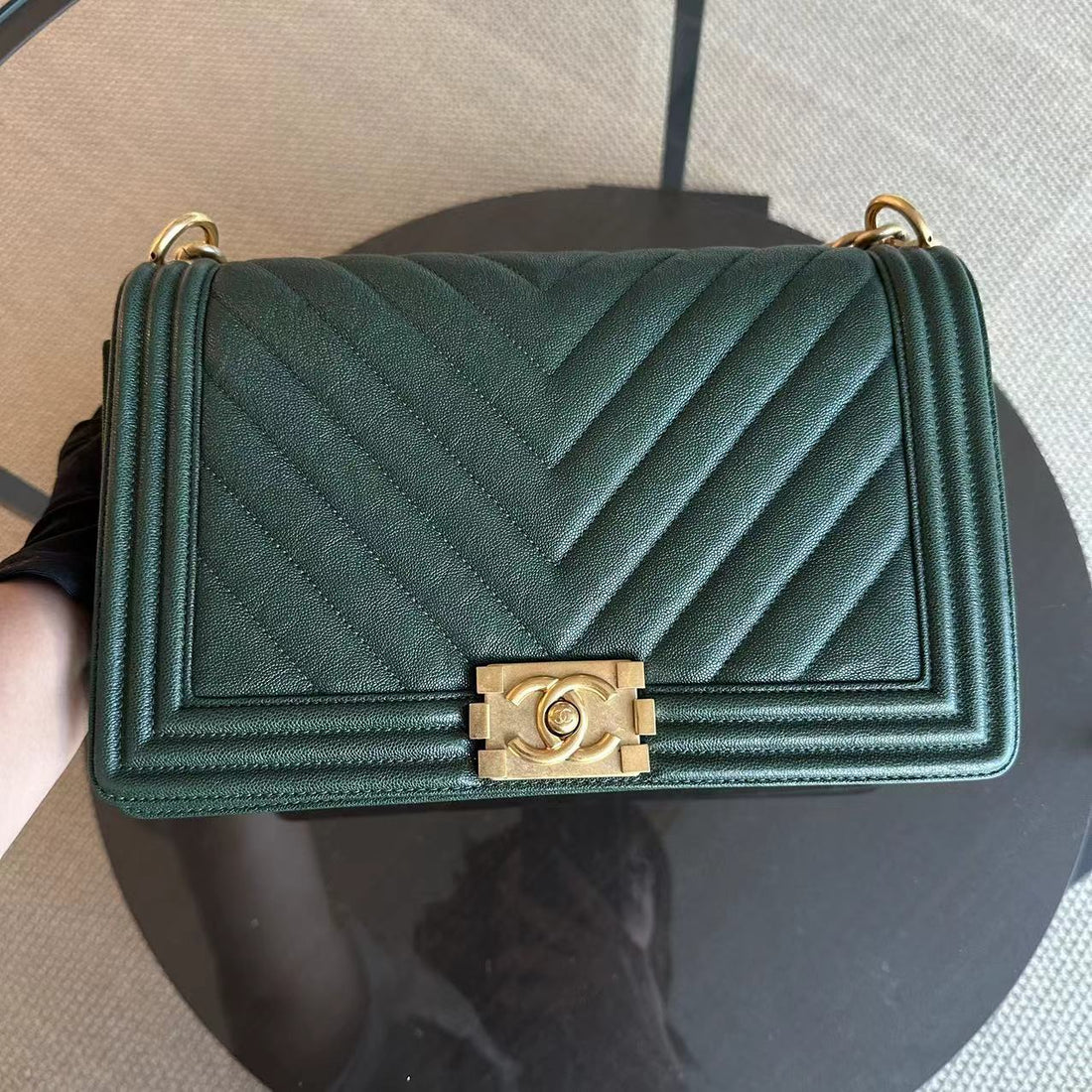Caviar Boy New Medium 28CM Chevron Calfskin Leboy Dark Green GHW No 26