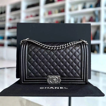 Caviar Boy New Medium 28CM Quilted Grained Calfskin Leboy Black Silver Hardware Series 20