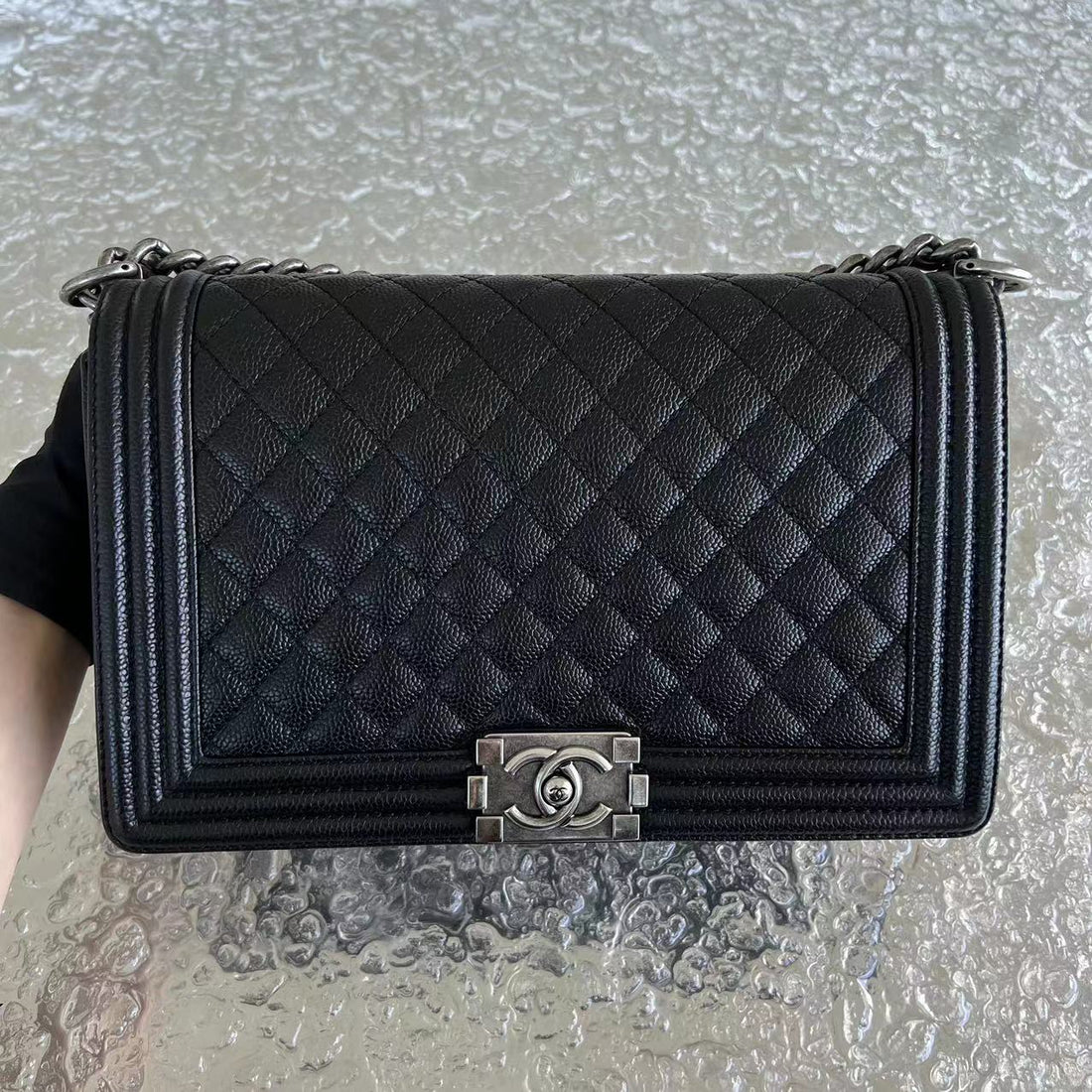 Caviar Boy New Medium 28CM Quilted Grained Calfskin Leboy Black Silver Hardware Series 20