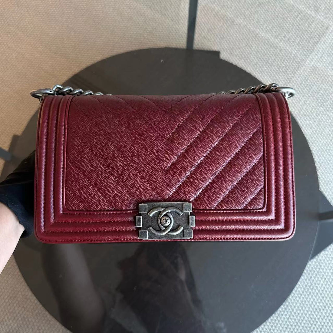 Caviar Boy Old Medium 25CM Chevron Calfskin Leboy Burgundy Dark Red RSHW No 24