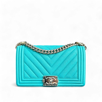Caviar Boy Old Medium 25CM Chevron Grained Calfskin Cyan Green Blue Light Golden Hardware Series 27