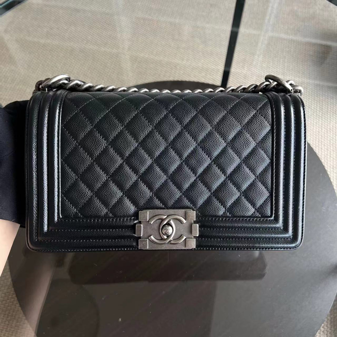 Caviar Boy Old Medium 25CM Quilted Calfskin Black Leboy Ruthenium Silver Hardware Series 25