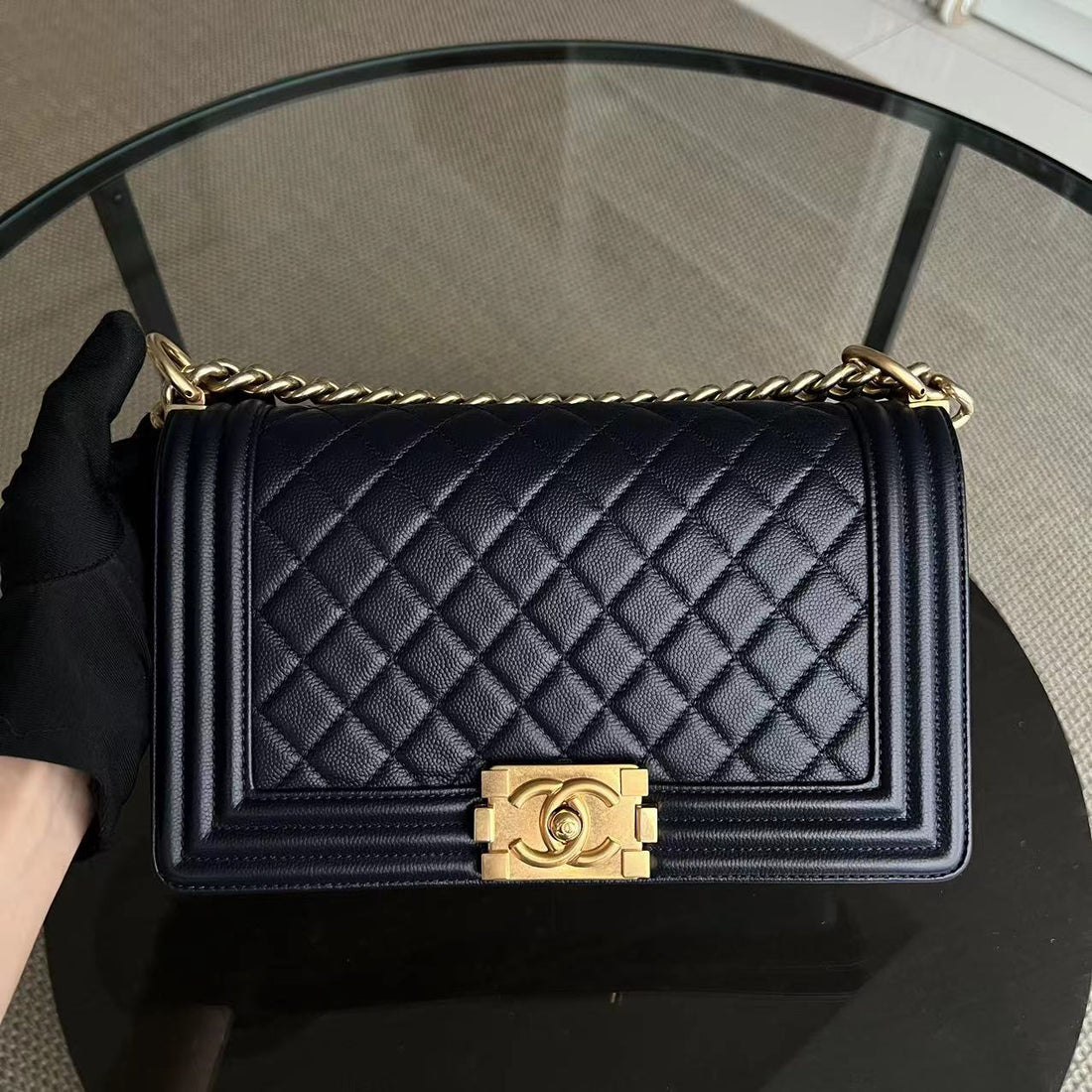 Caviar Boy Old Medium 25CM Quilted Calfskin Dark Blue Leboy GHW No 23