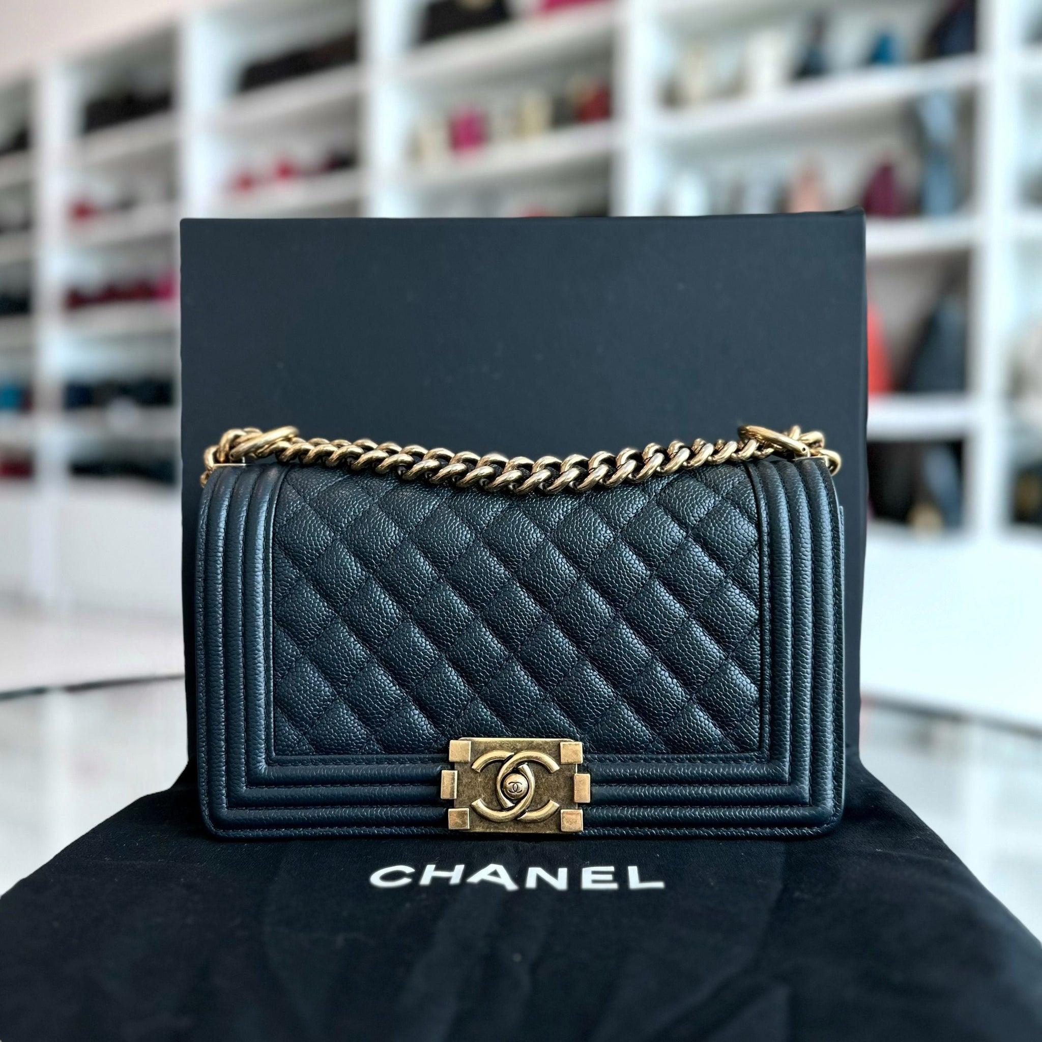 Chanel Boy Medium - Caviar Old Medium 25CM Quilted Leboy Dark Blue Ruthenium Gold Hardware Series 19