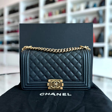 Chanel Boy Medium - Caviar Old Medium 25CM Quilted Leboy Dark Blue Ruthenium Gold Hardware Series 19