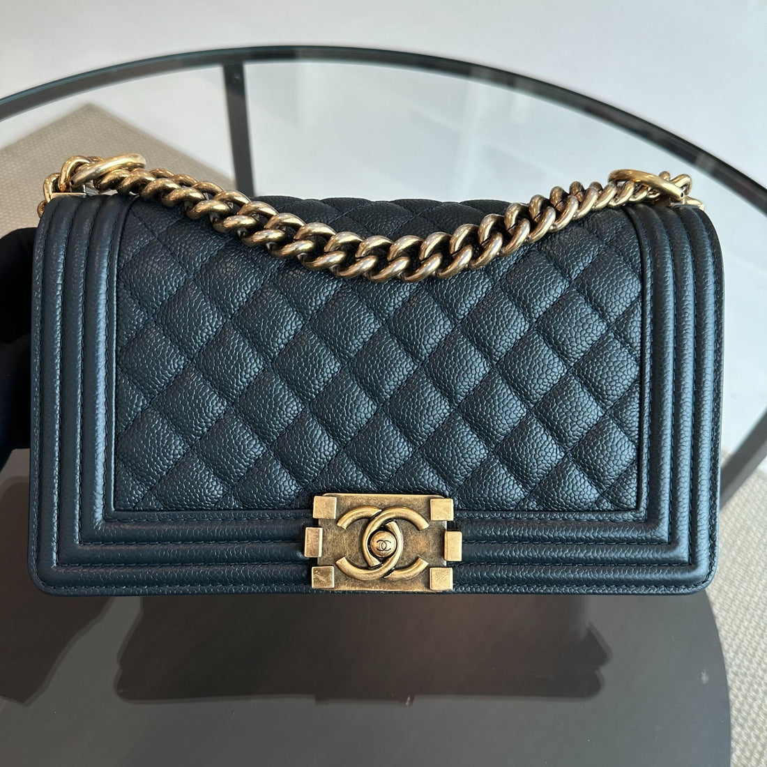 Chanel Boy Medium - Caviar Old Medium 25CM Quilted Leboy Dark Blue Ruthenium Gold Hardware Series 19