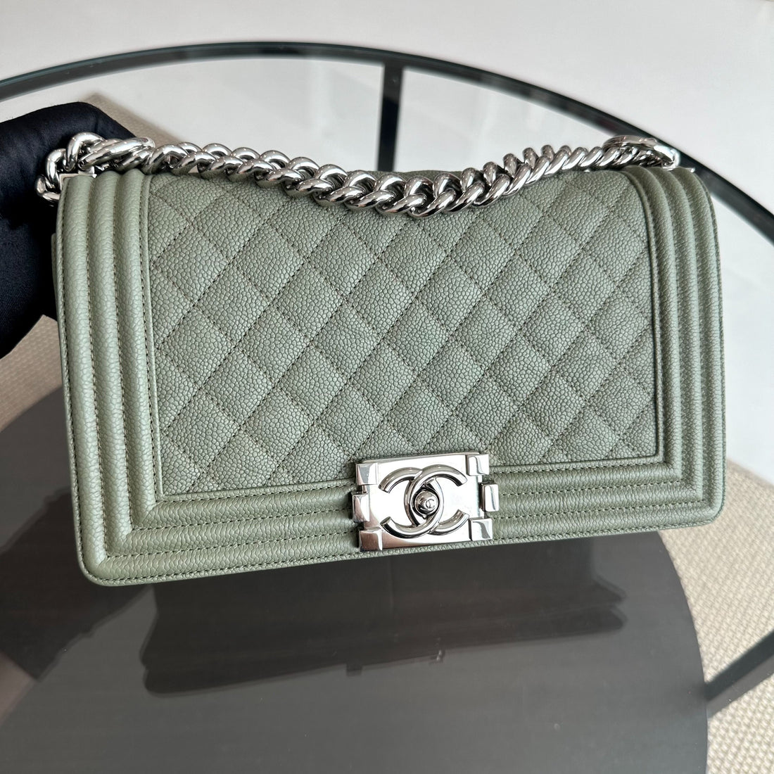 Caviar Boy Old Medium 25CM Quilted Calfskin Leboy Green SHW No 25
