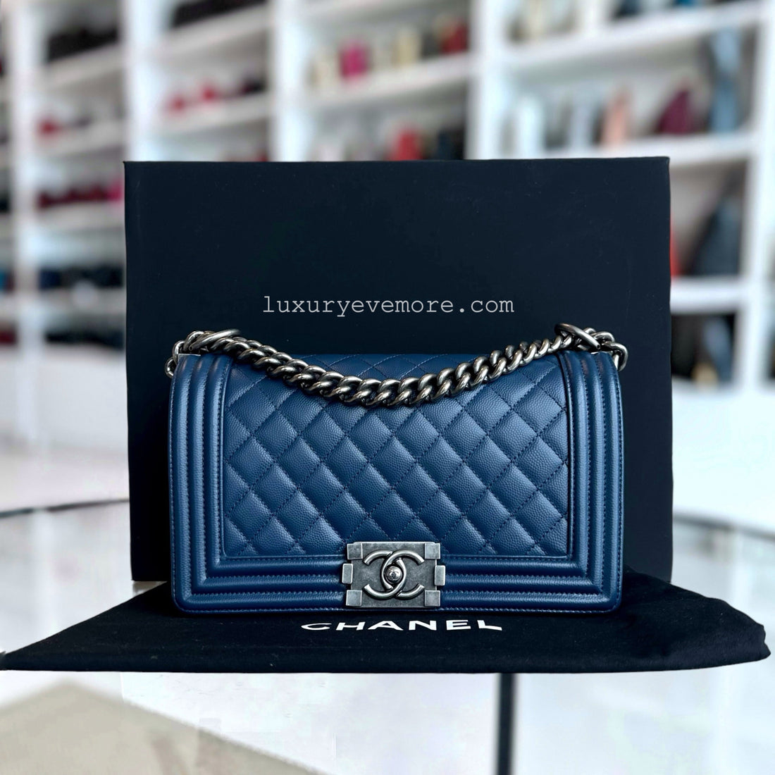 Chanel Caviar Boy Old Medium 25CM Quilted Grained Calfskin Dark Blue Leboy Ruthenium Silver Hardware Series 25
