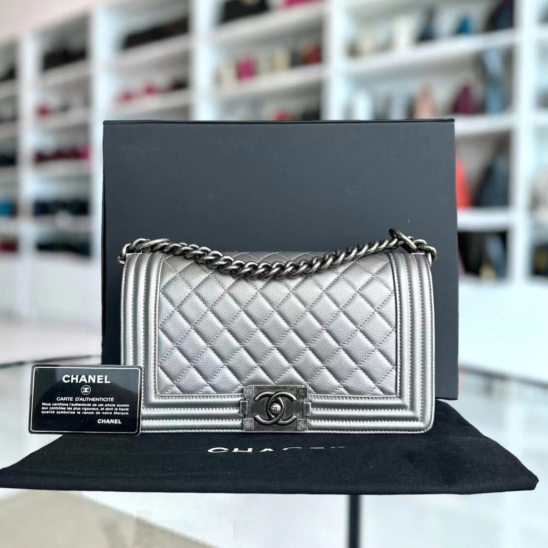 Chanel Boy Medium - Caviar 25CM Quilted Grained Calfskin Silver Ruthenium Silver Hardware Series 24