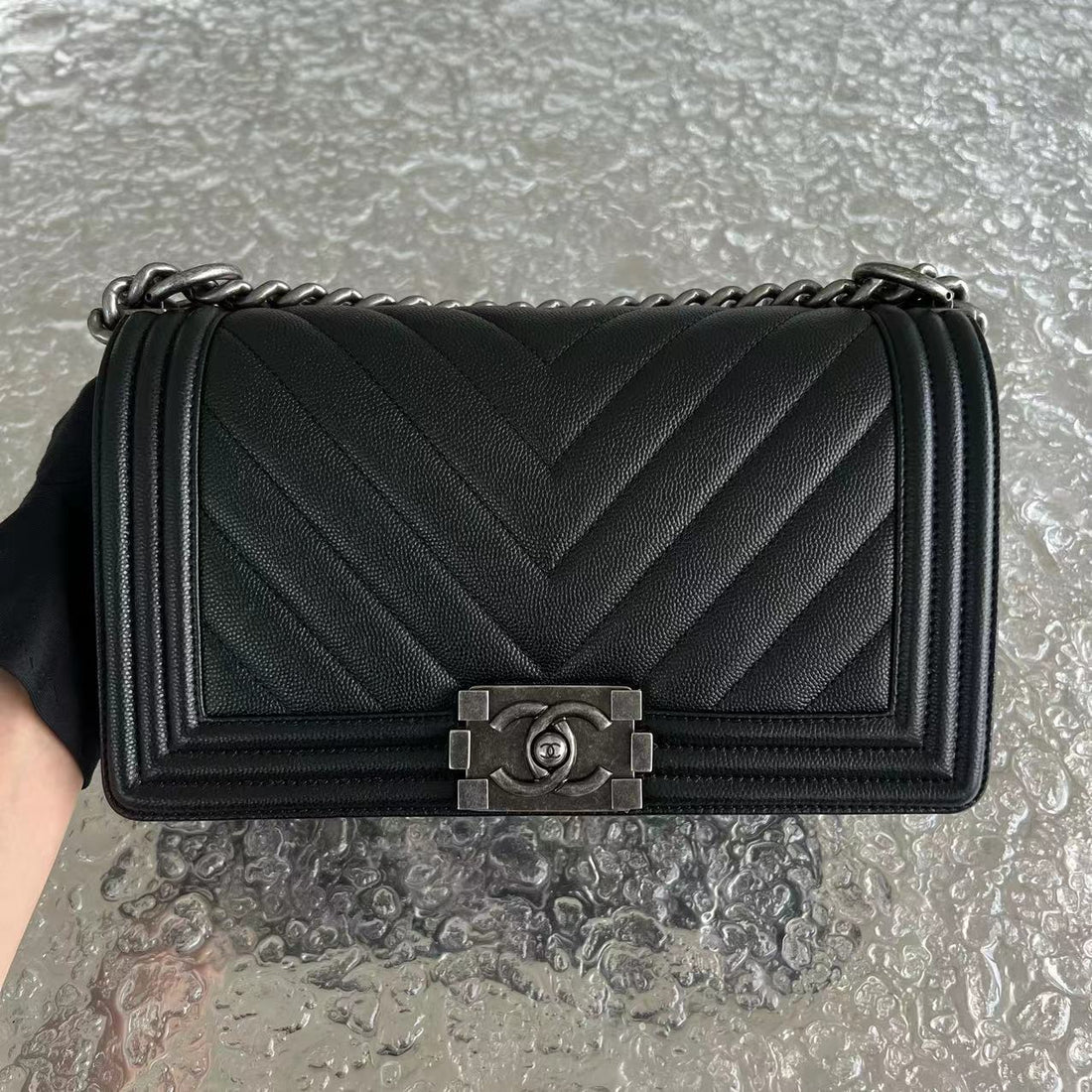 Caviar Boy Old Medium Chevron Grained Calfskin Black Silver Hardware Series 25