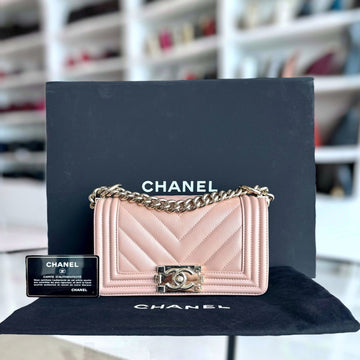 Caviar Boy Small 20CM Chevron Pink Nude Grained Calfskin Gold Hardware Series 25