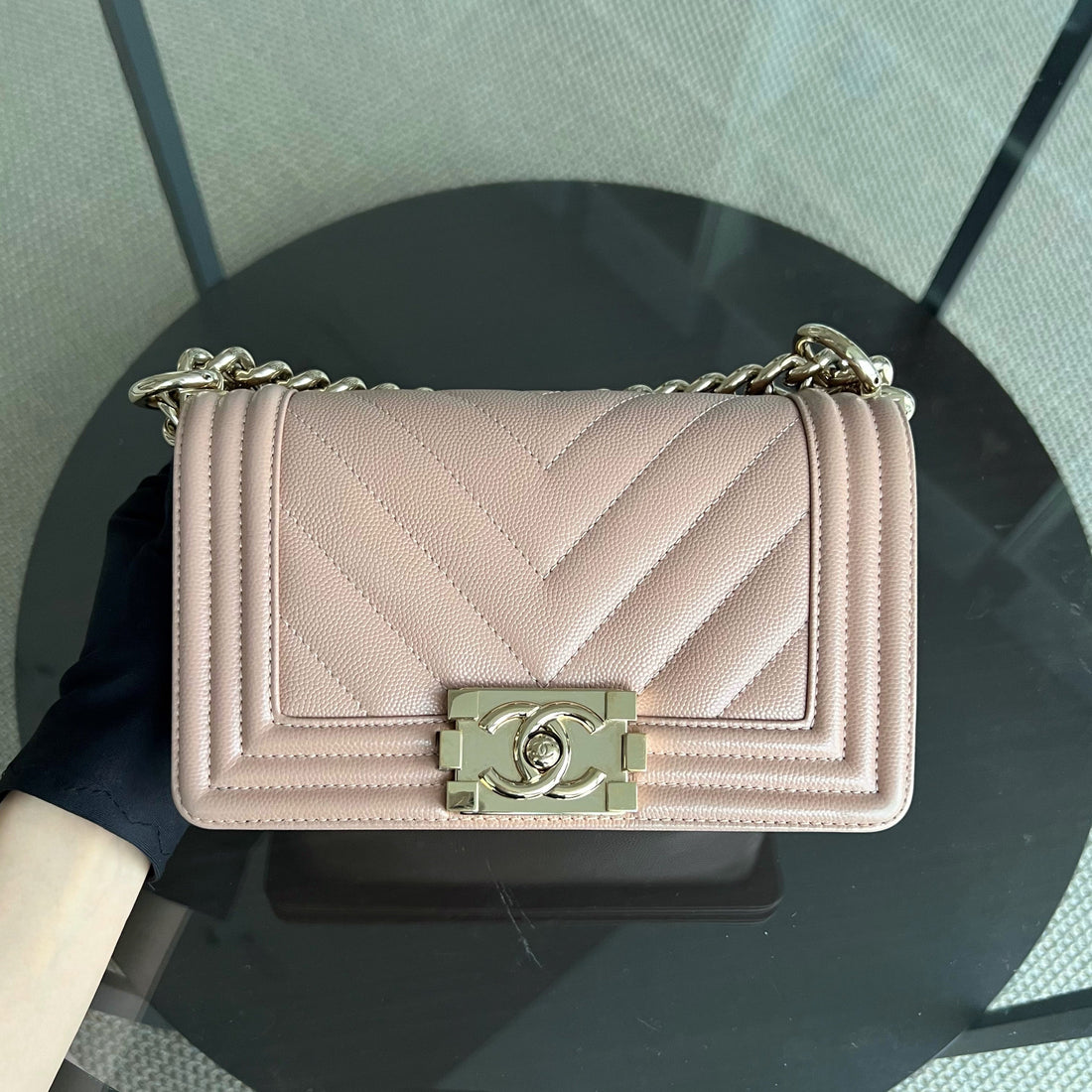 Caviar Boy Small 20CM Chevron Pink Nude Grained Calfskin Gold Hardware Series 25